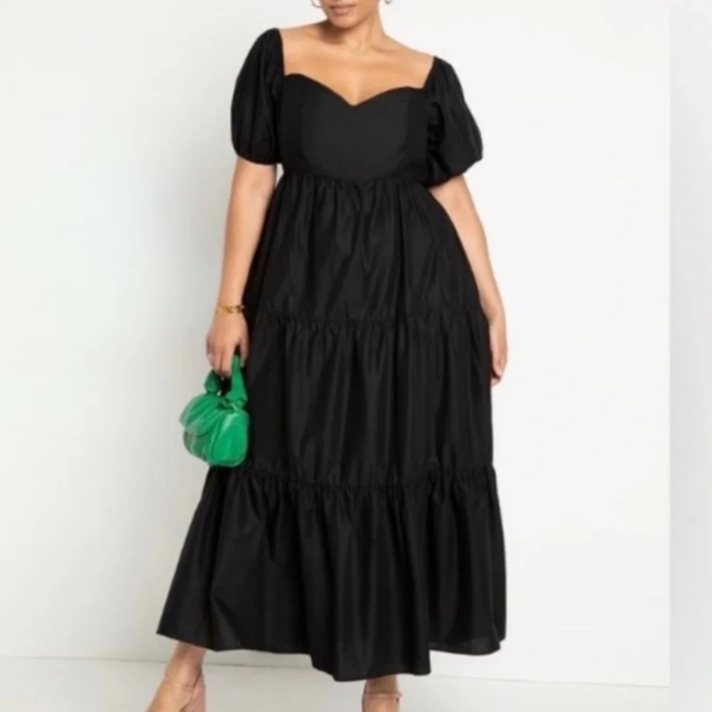 Eloquii Black Puff Sleeve Tiered Maxi Dress - Picture 1 of 12
